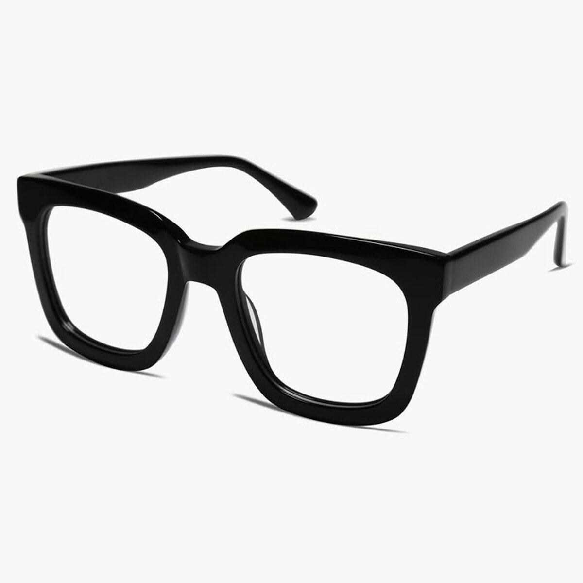 Black-rimmed glasses are displayed against a white background.